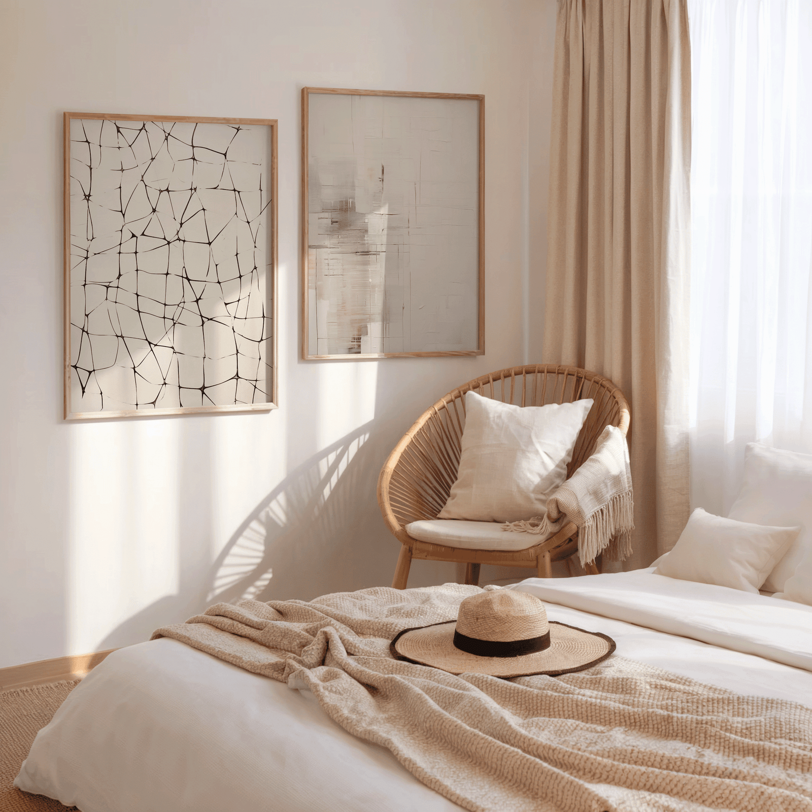 Neutral abstract wall art set of 2 framed prints styled above bed in cozy minimalist bedroom. Artwork has a mix of beige, creams, light brown and black lines and are framed with a light wooden frame on the wall.