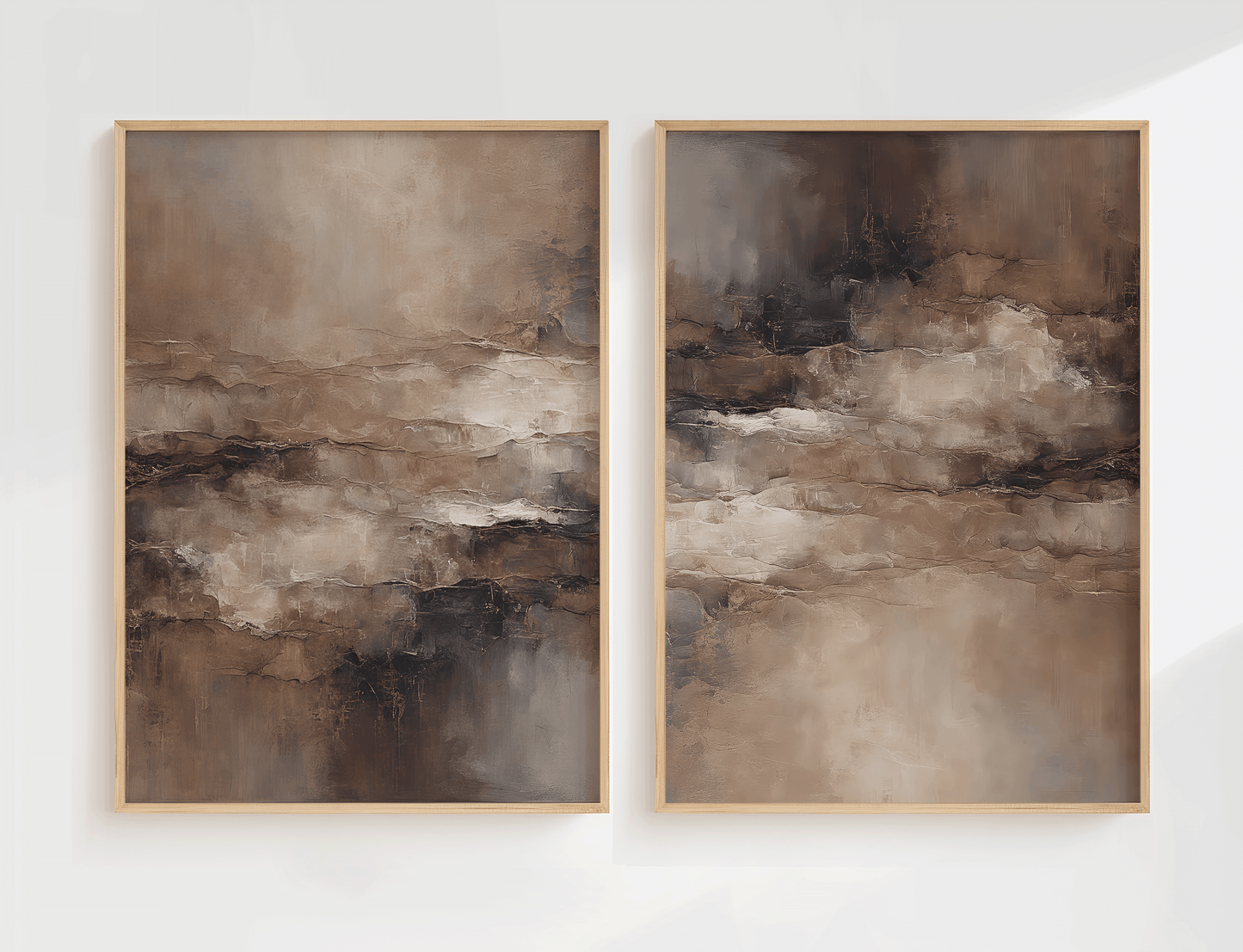 Coordinated set of two neutral abstract wall art prints with earthy brown and soft beige tones displayed side by side