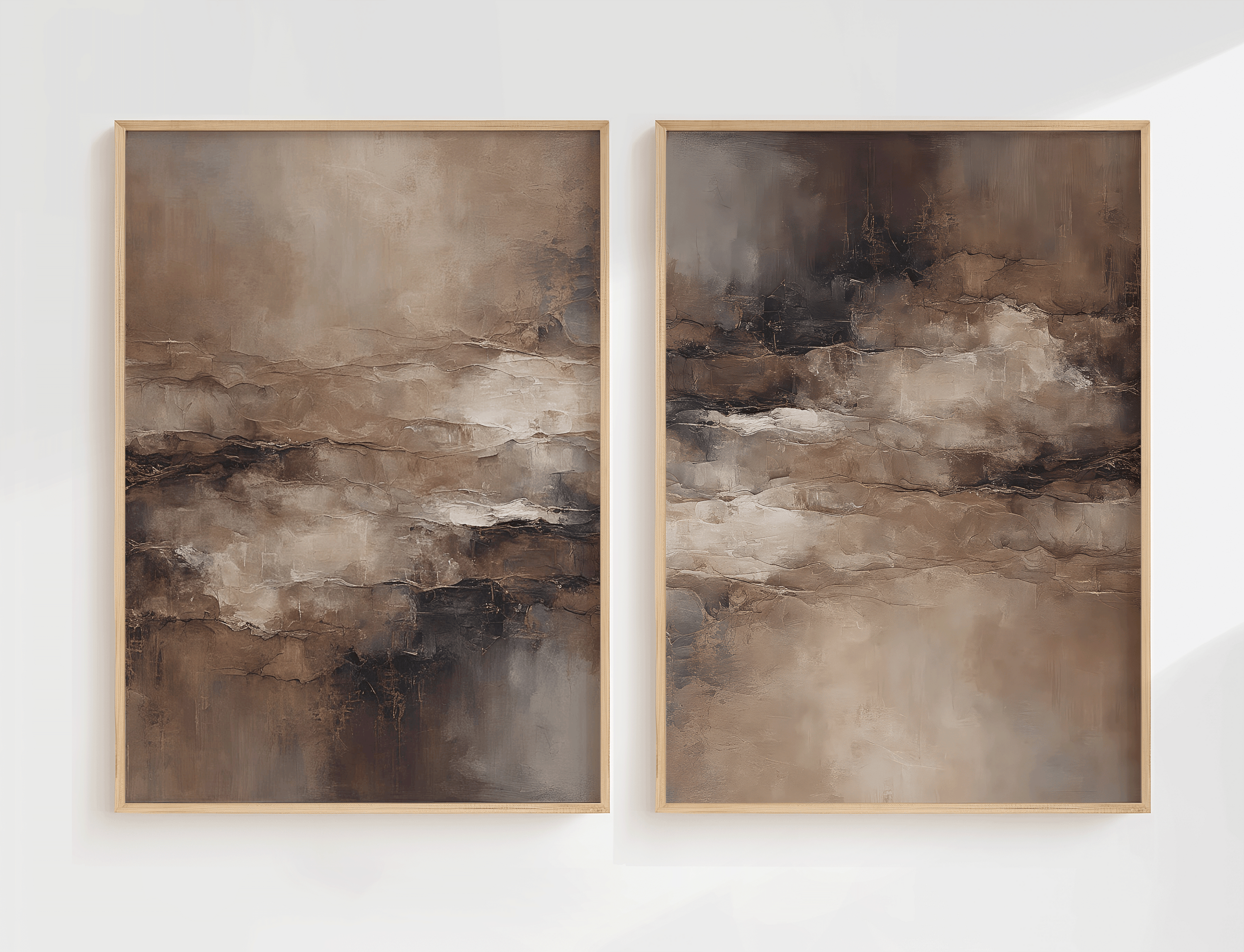 Coordinated set of two neutral abstract wall art prints with earthy brown and soft beige tones displayed side by side