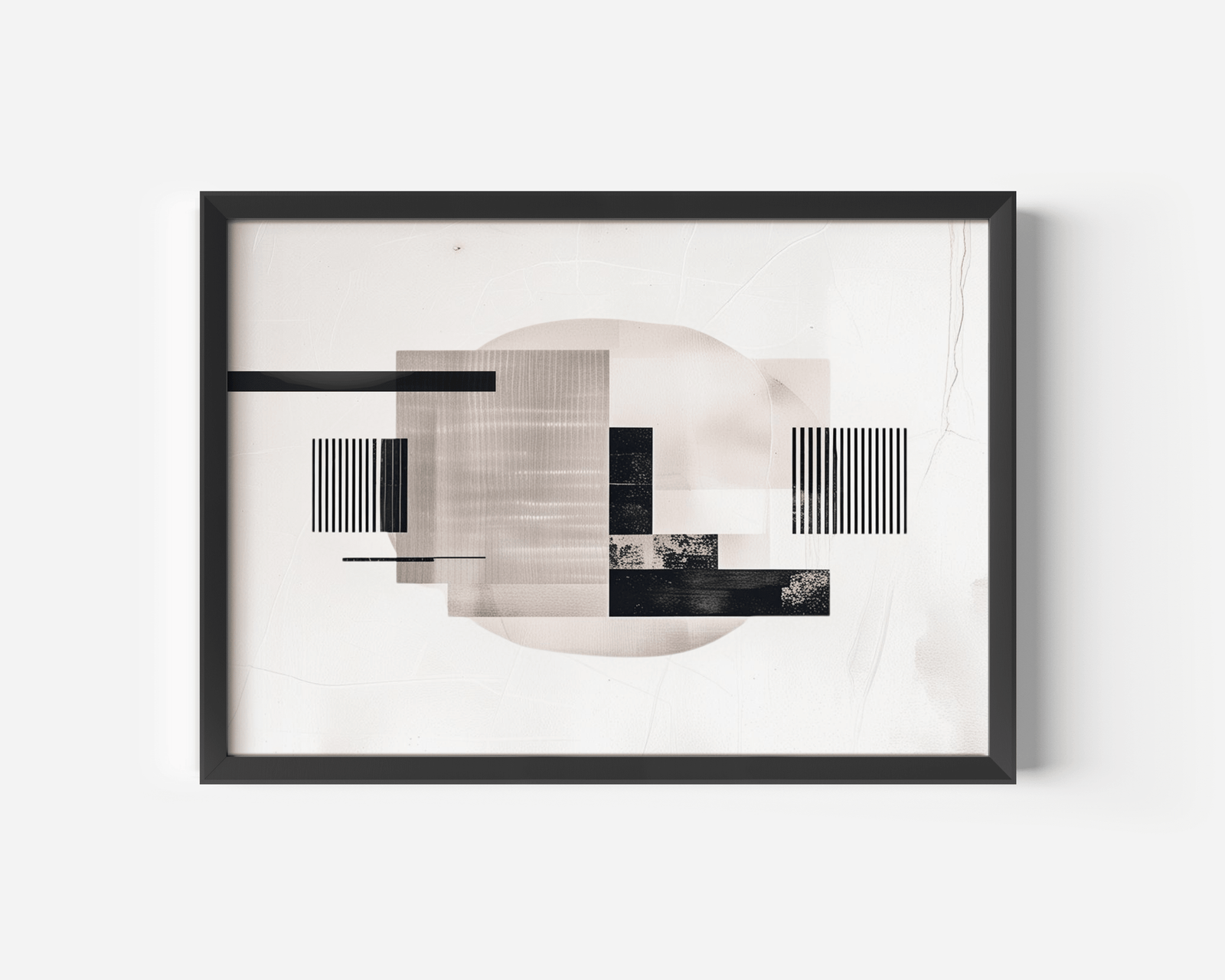 Black-framed mid-century modern abstract wall art close-up – black and beige print