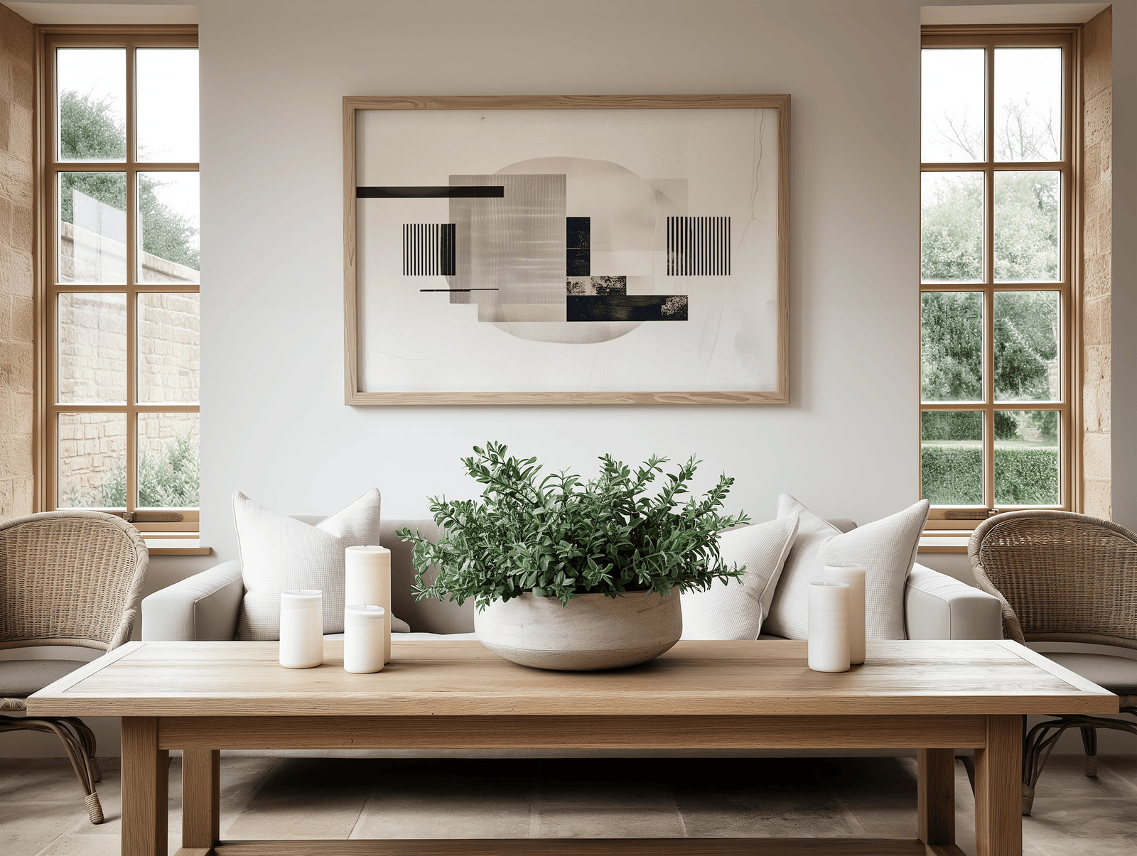 Horizontal mid-century modern abstract wall art layered with beige, black, and taupe shapes and framed above a cream sofa in a minimal living room