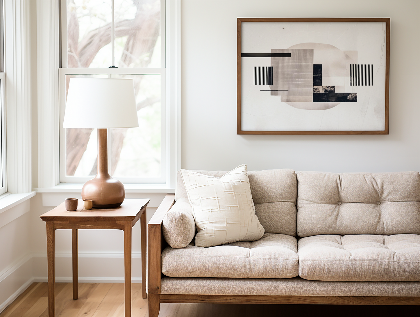 Mid-century modern wall art above beige tufted sofa in a minimal living room – abstract neutral shapes in black and taupe