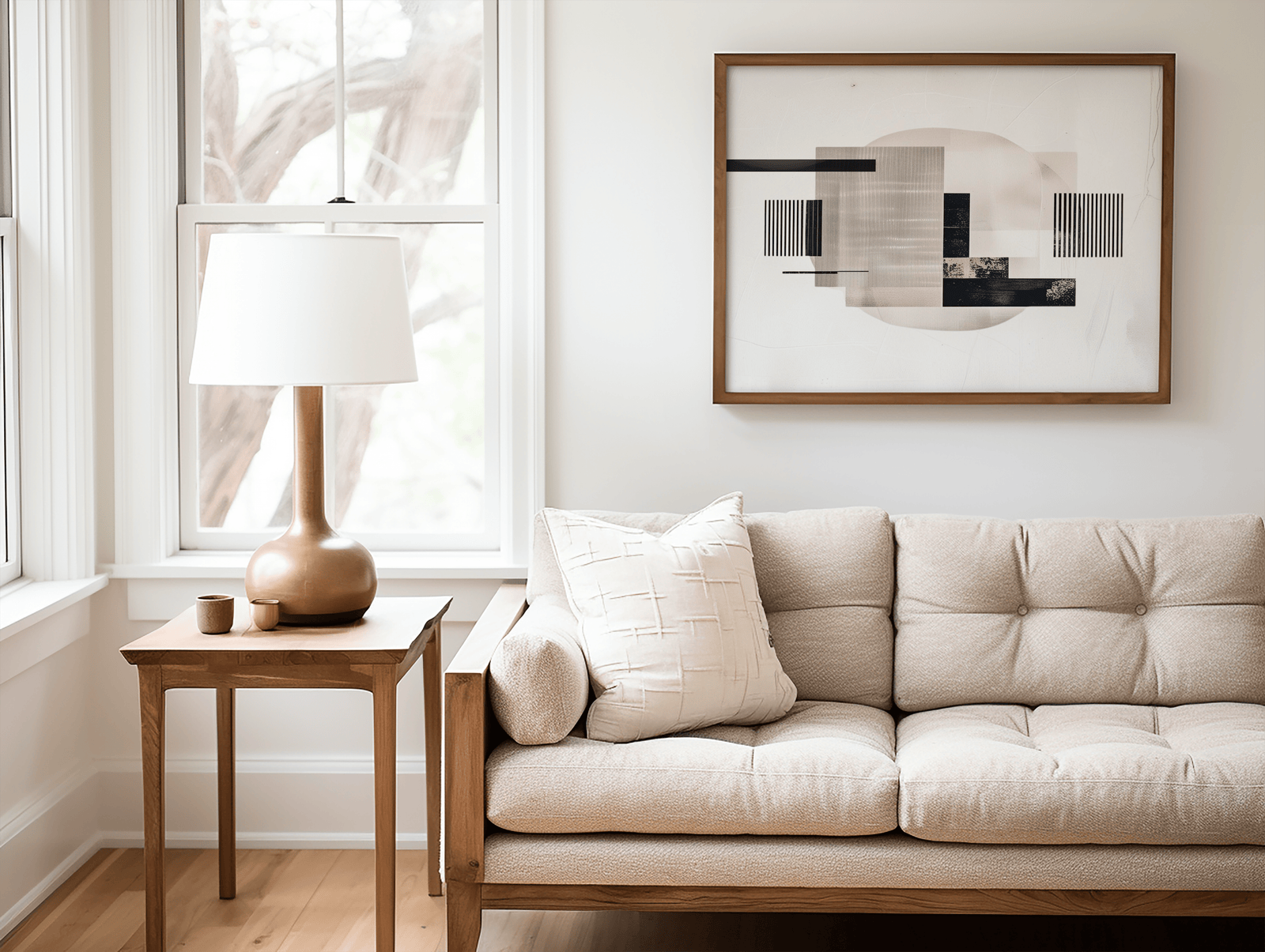 Mid-century modern wall art above beige tufted sofa in a minimal living room – abstract neutral shapes in black and taupe