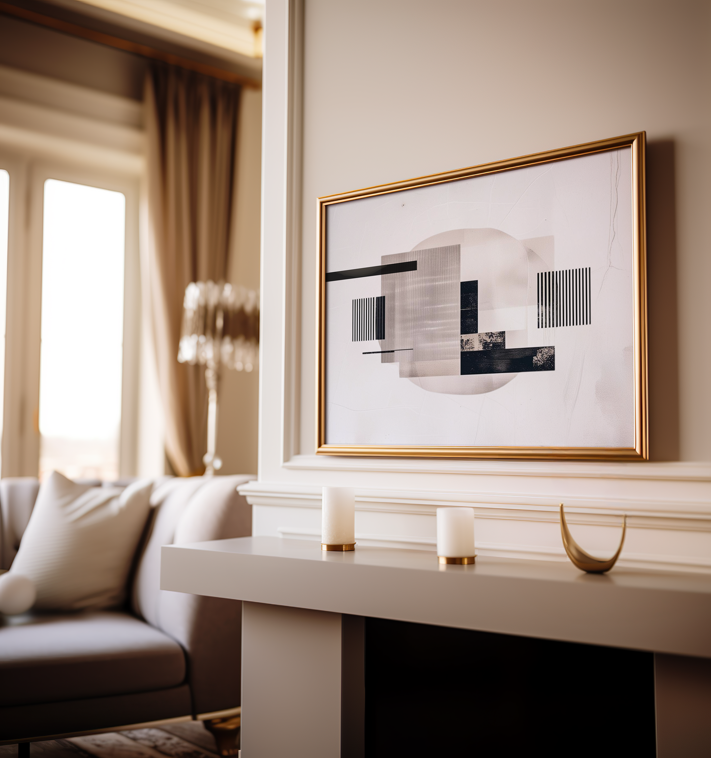 Geometric mid-century modern wall art styled above fireplace in a living room – abstract shapes in beige and black