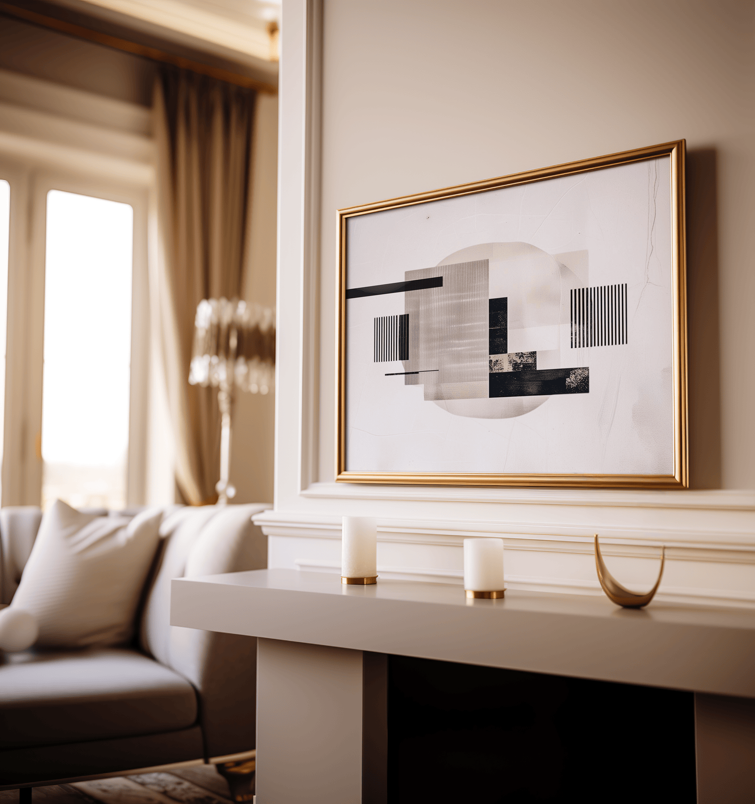 Geometric mid-century modern wall art styled above fireplace in a living room – abstract shapes in beige and black