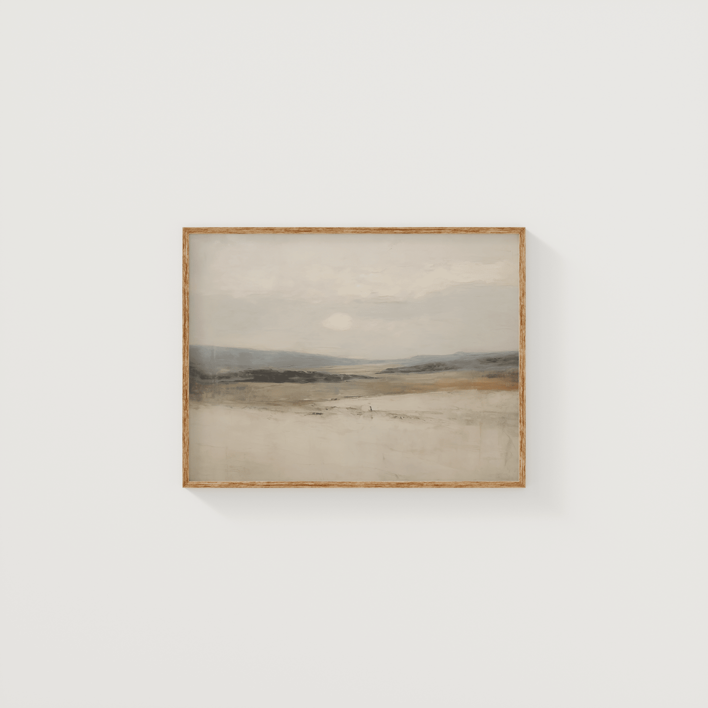 Neutral Abstract Landscape Wall Art Print in Beige, Cream and Blue Tones with Light Wood Frame
