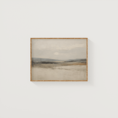 Neutral Abstract Landscape Wall Art Print in Beige, Cream and Blue Tones with Light Wood Frame