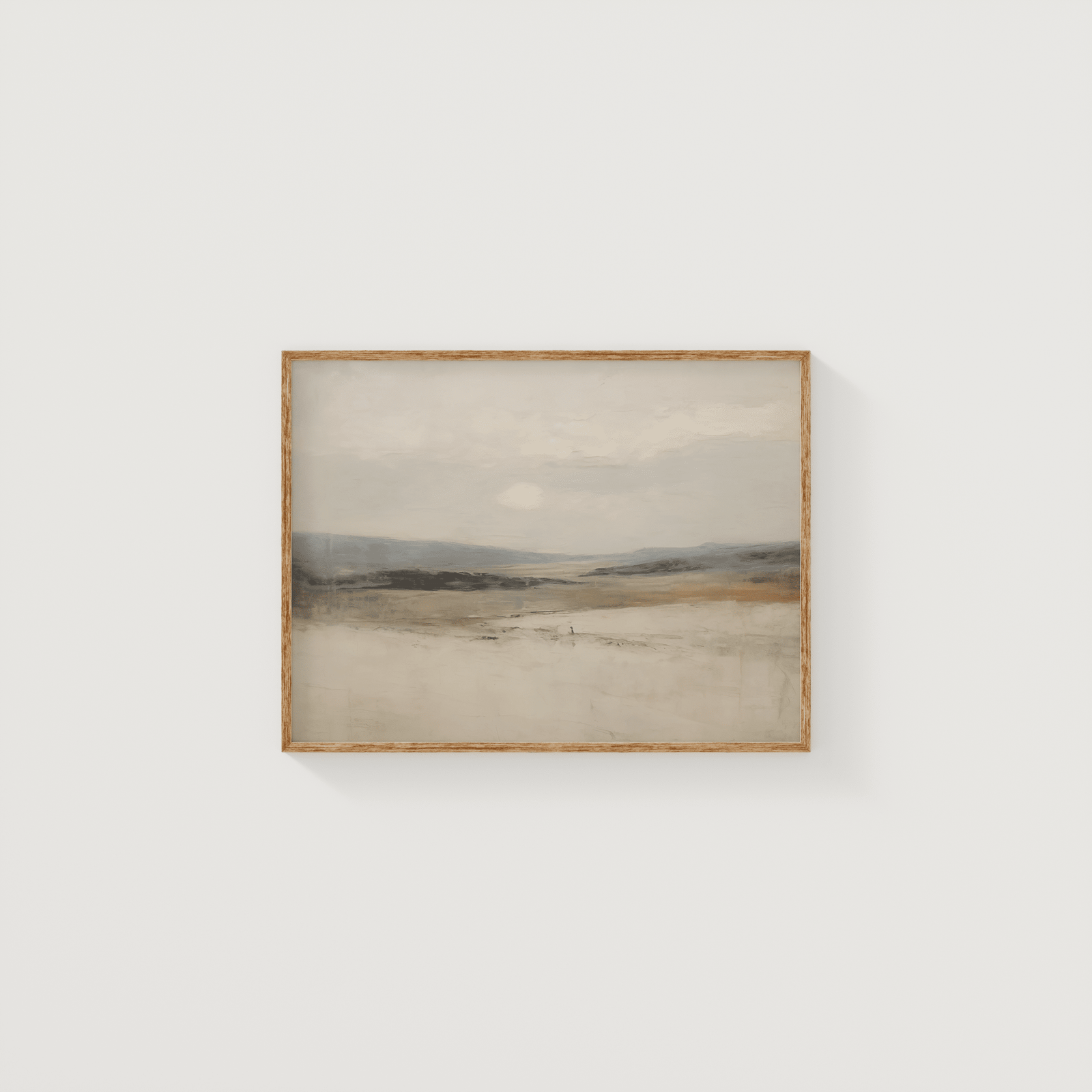 Neutral Abstract Landscape Wall Art Print in Beige, Cream and Blue Tones with Light Wood Frame