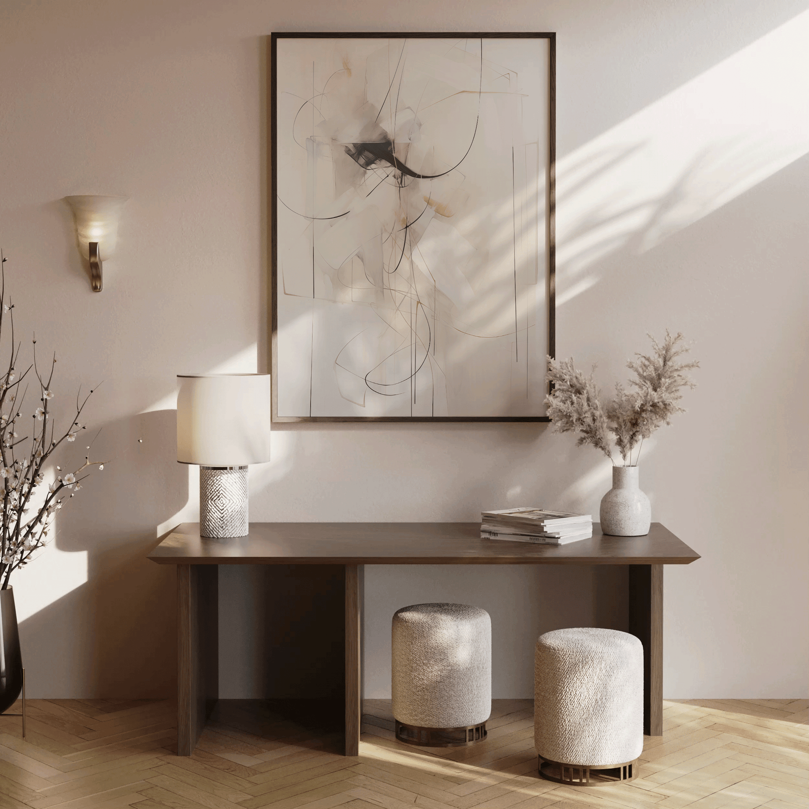 Large neutral beige, black lines abstract wall art framed above brown wooden console table in minimal entryway or hallway