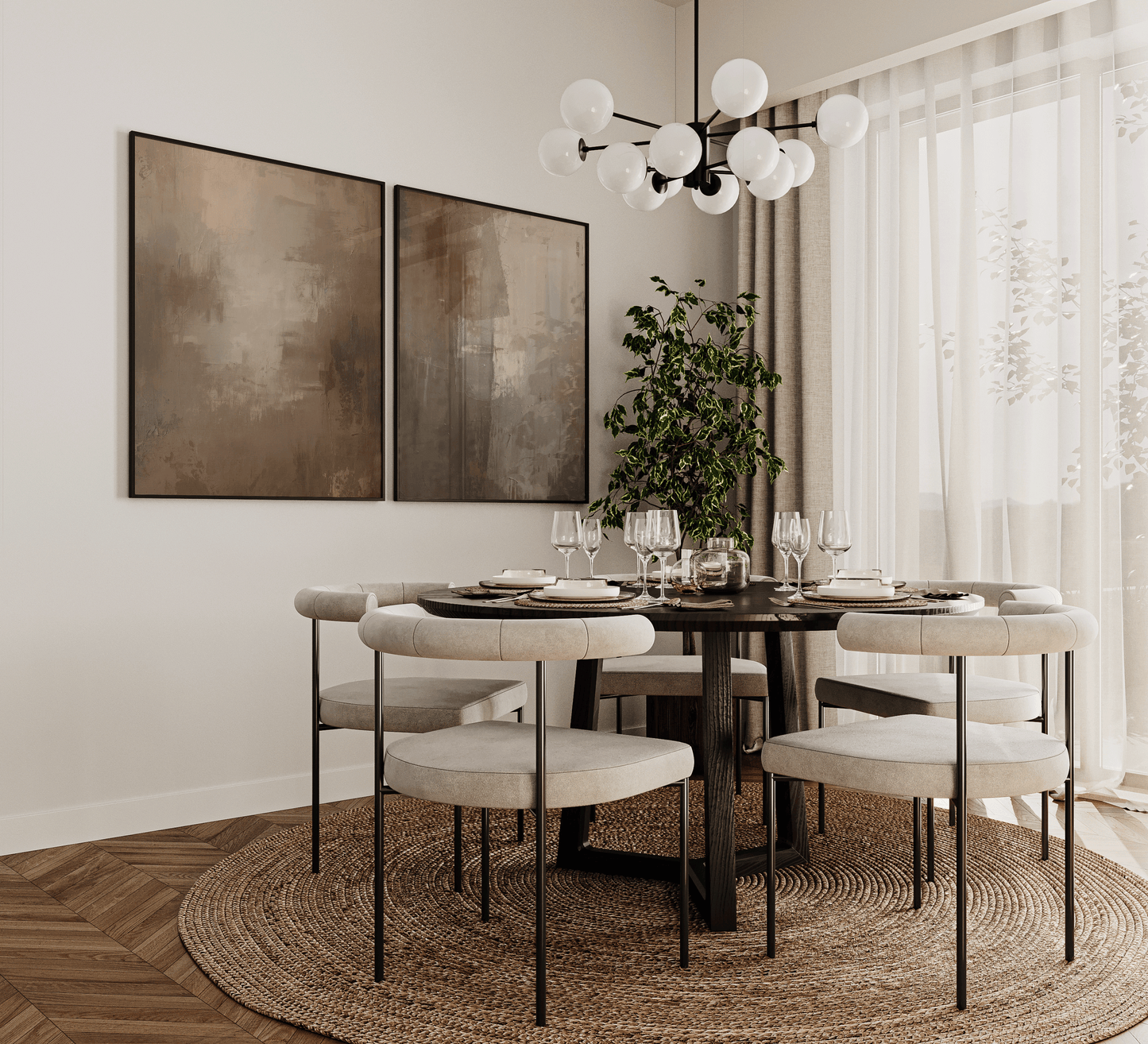 moody neutral beige and brown abstract wall art pair displayed in a stylish dining room with round table, modern chandelier, rustic woven rug, and warm tones