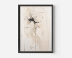 Large neutral abstract wall art print framed in black with minimalist beige and black colours and lines on a white wall