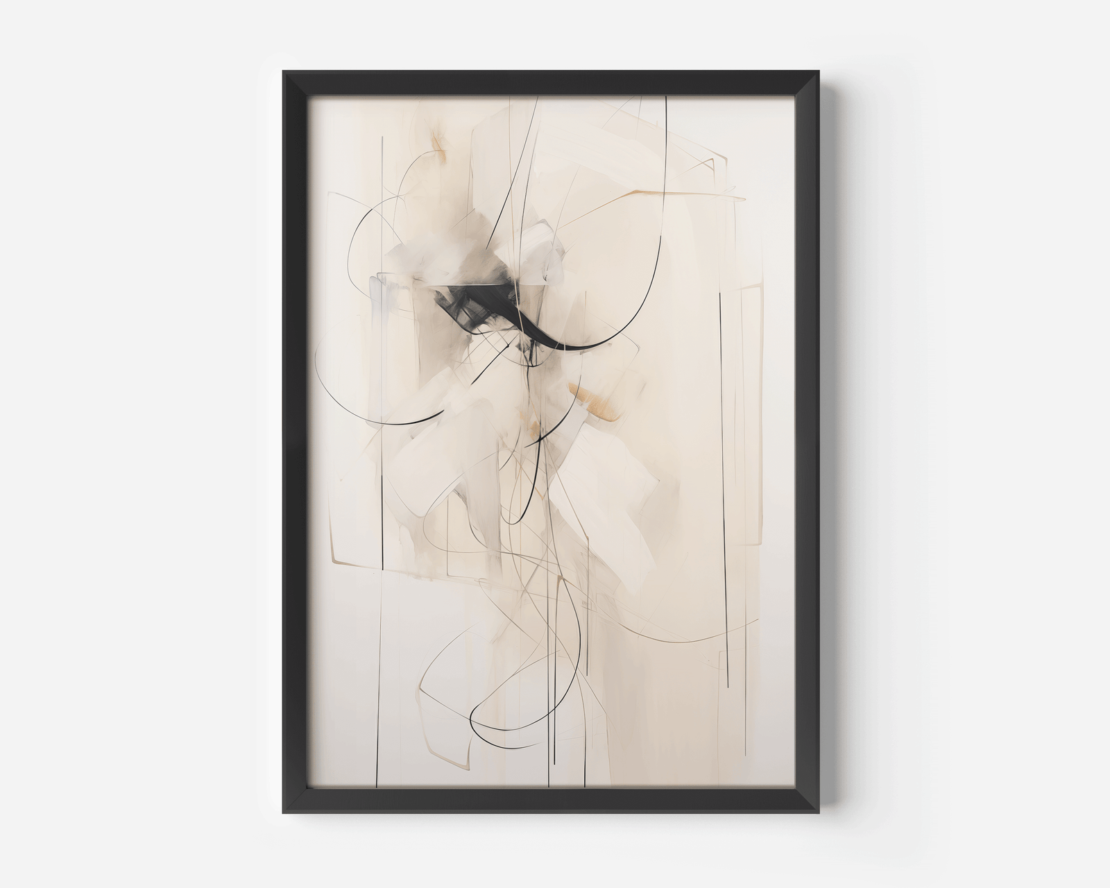 Large neutral abstract wall art print framed in black with minimalist beige and black colours and lines on a white wall