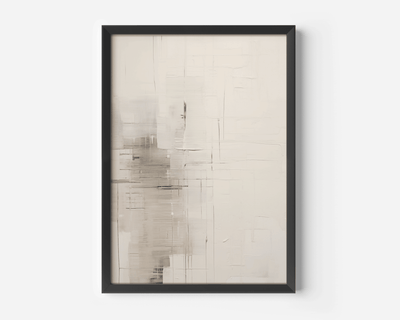 Neutral abstract wall art as a black framed canvas with beige, cream and brown tones on a white wall