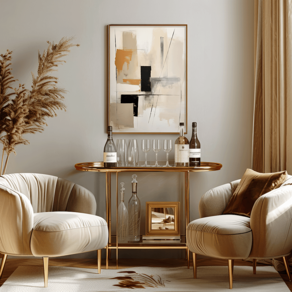 Tan and black geometric abstract wall art in a gold frame styled above a bar cart with glassware in a warm neutral room.