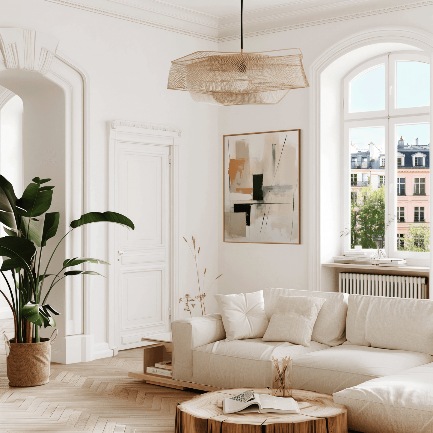 Warm neutral geometric abstract print with tan and black shapes hanging in a bright living room with large window and indoor plant.