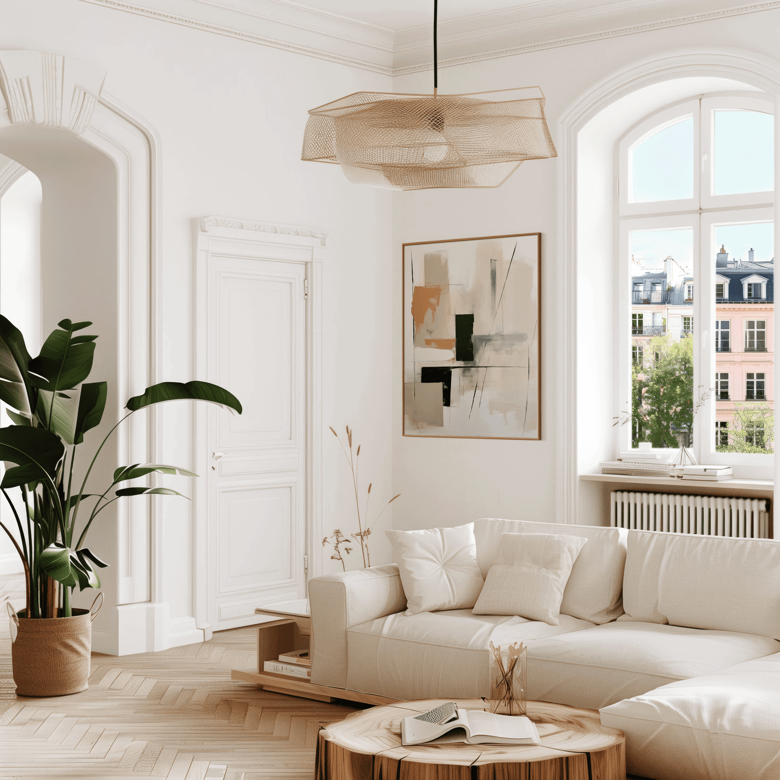 Warm neutral geometric abstract print with tan and black shapes hanging in a bright living room with large window and indoor plant.