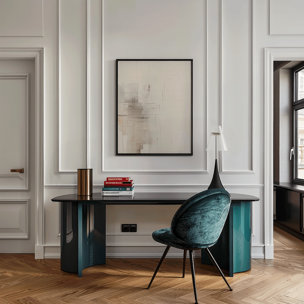 Neutral abstract wall art framed above an emerald green desk with a velvet chair in a stylish, sophisticated office or living room