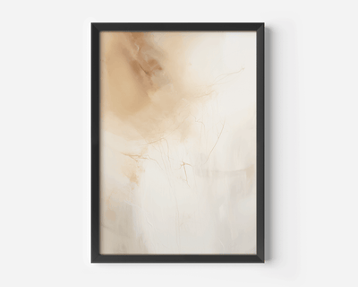 Neutral abstract wall art in beige and gold tones, black matte frame, minimalist artwork for modern home decor