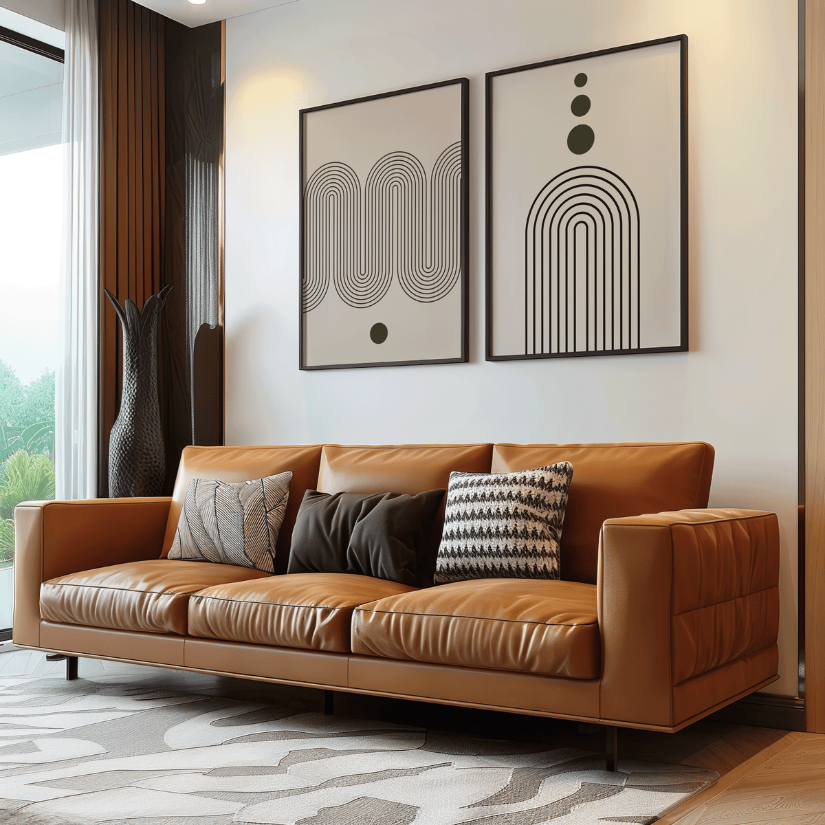 Neutral abstract wall art set in black frames above a cognac leather sofa in a modern living room
