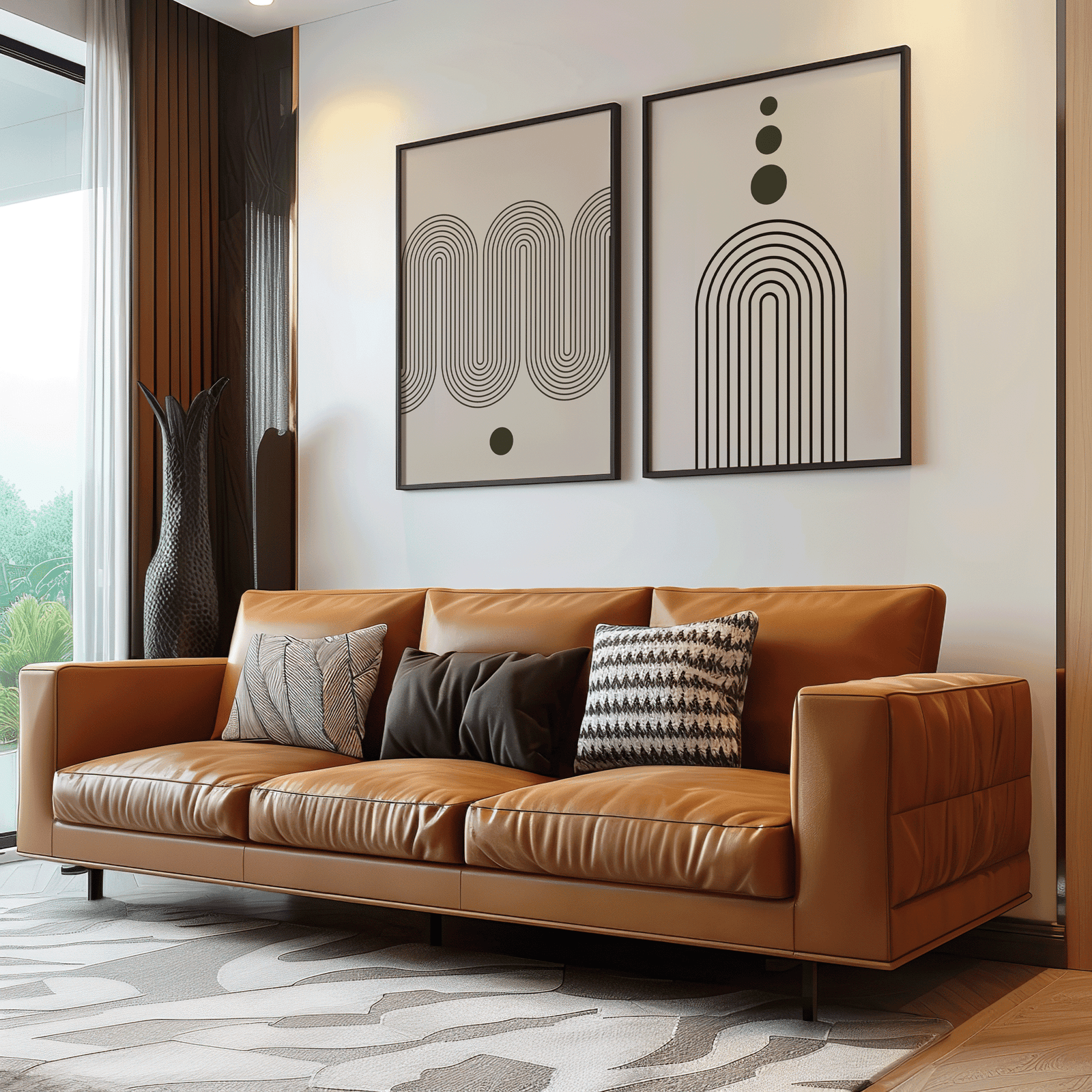 Neutral abstract wall art set in black frames above a cognac leather sofa in a modern living room