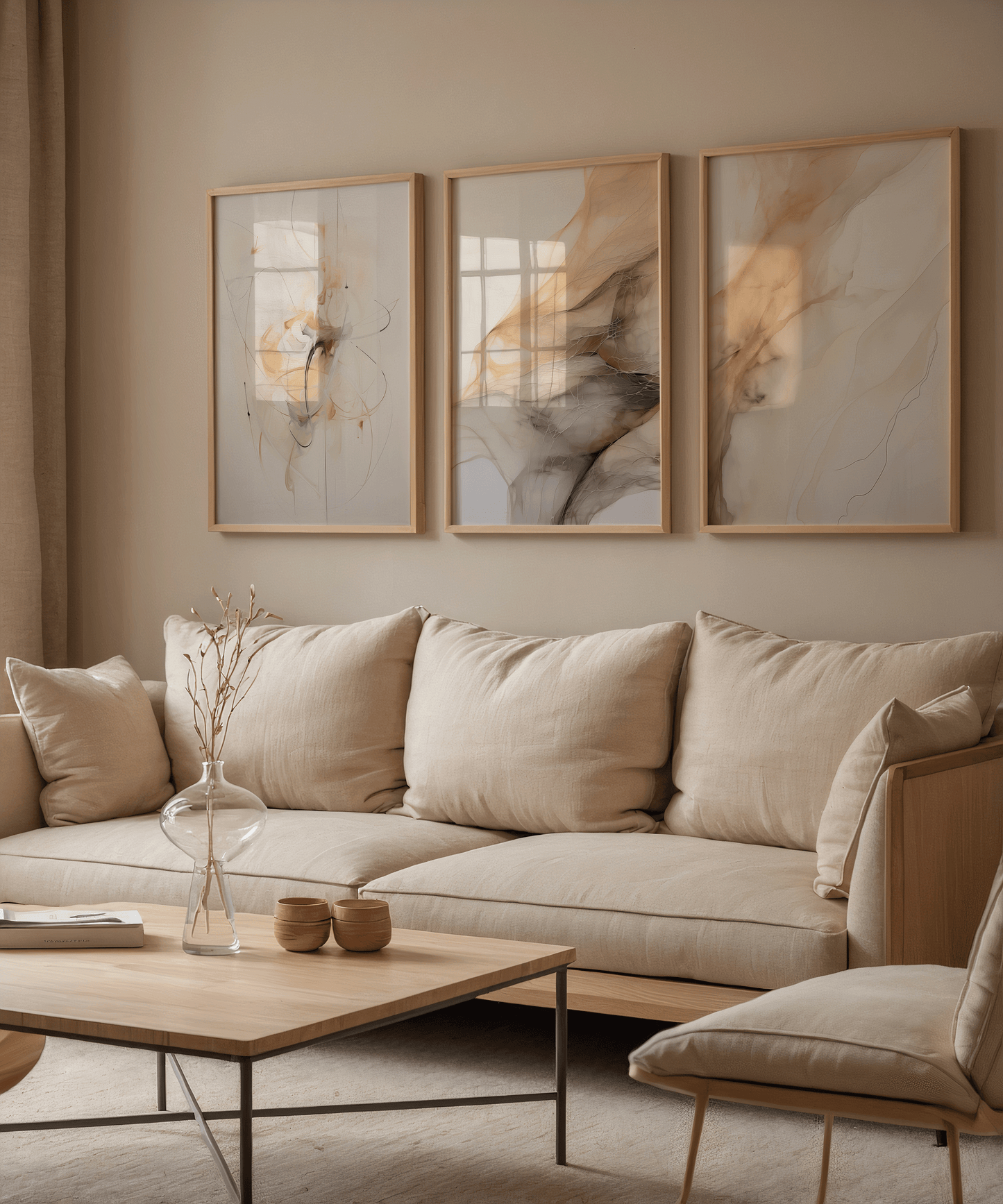 Close-up set of three beige and cream abstract wall art prints styled above a neutral linen sofa