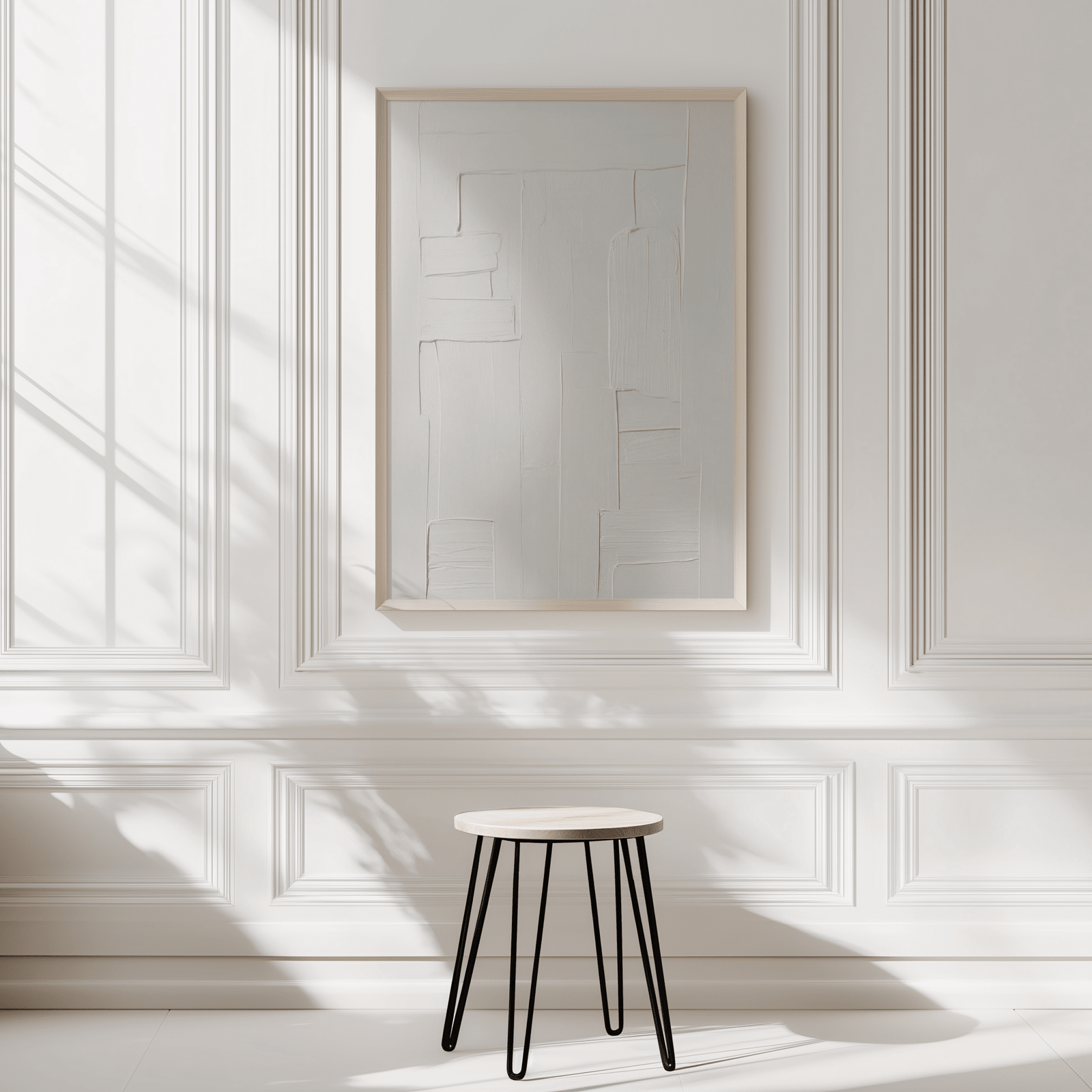 Minimalist interior with a white on white faux-textured framed abstract artwork on a wall and a small stool below.