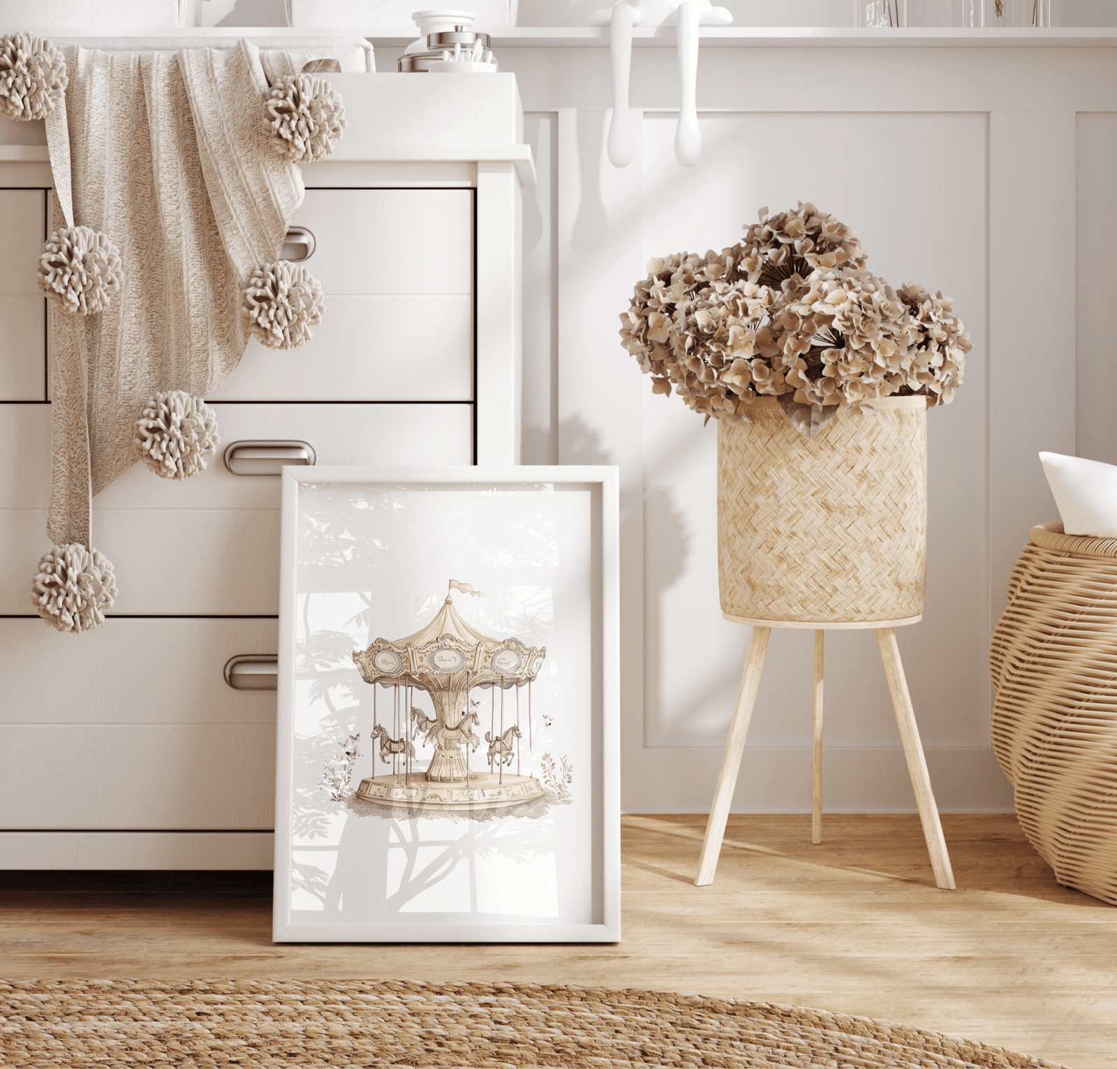 Neutral nursery with blush pink and dusty rose accent colours and dried flowers, featuring a vintage carousel wall art print with butterflies in a white frame