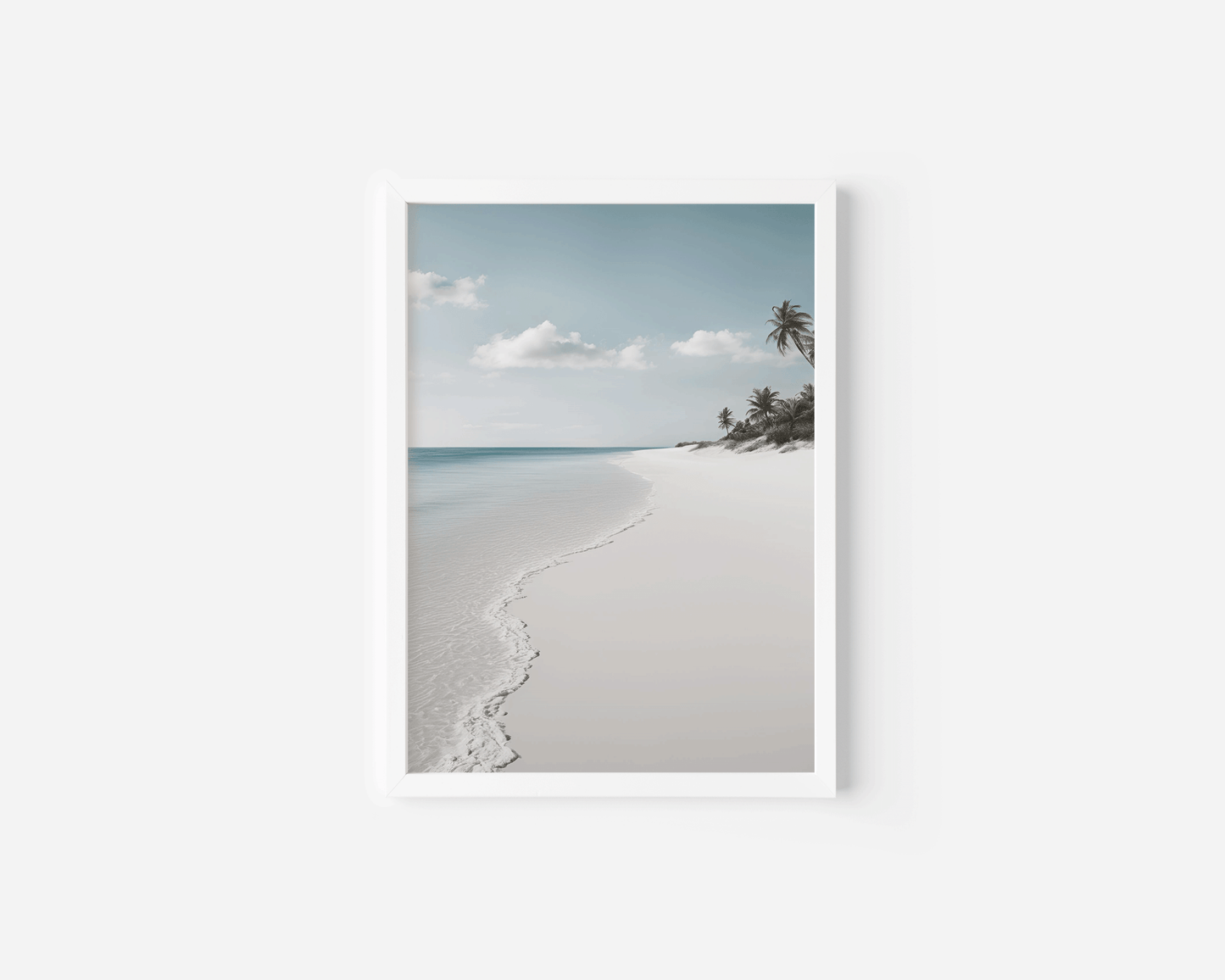 soft coastal wall art in white frame, gentle waves and calm beach for minimalist neutral decor