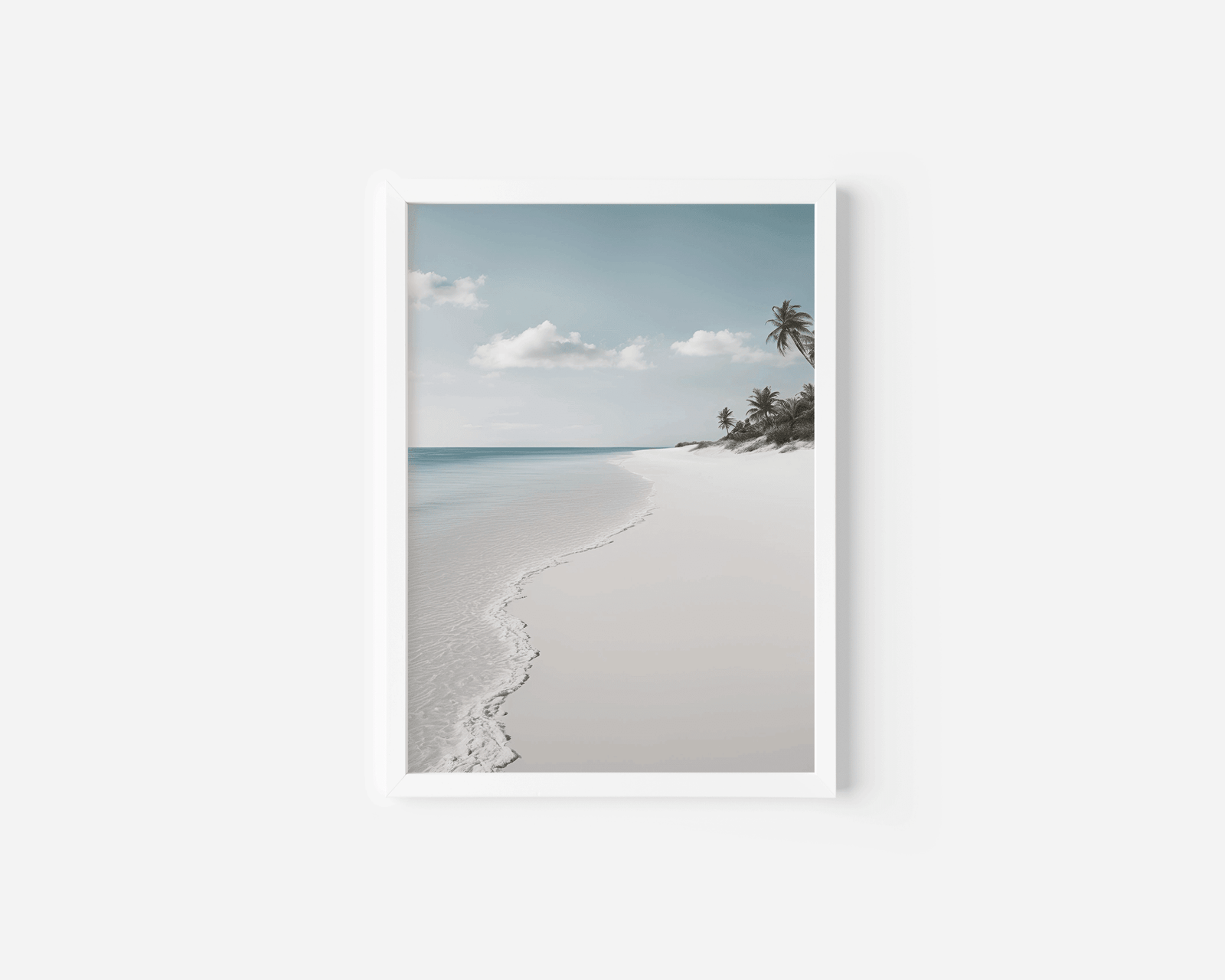 soft coastal wall art in white frame, gentle waves and calm beach for minimalist neutral decor