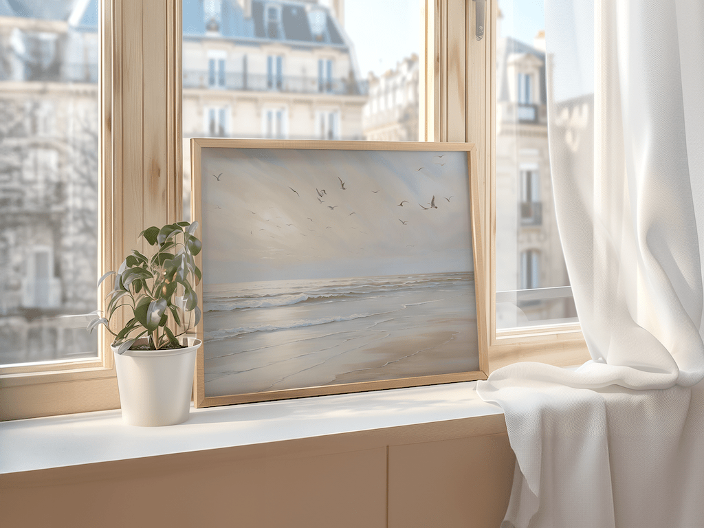 Neutral beach wall art print framed on a windowsill in a an apartment overlooking the city