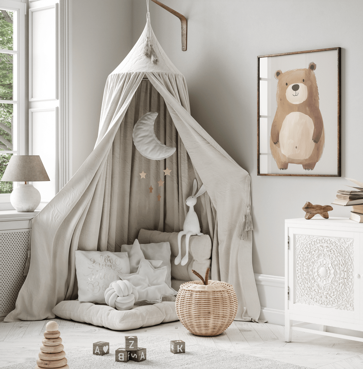 Neutral bear nursery wall art in gender neutral kids room with canopy and soft neutral decor