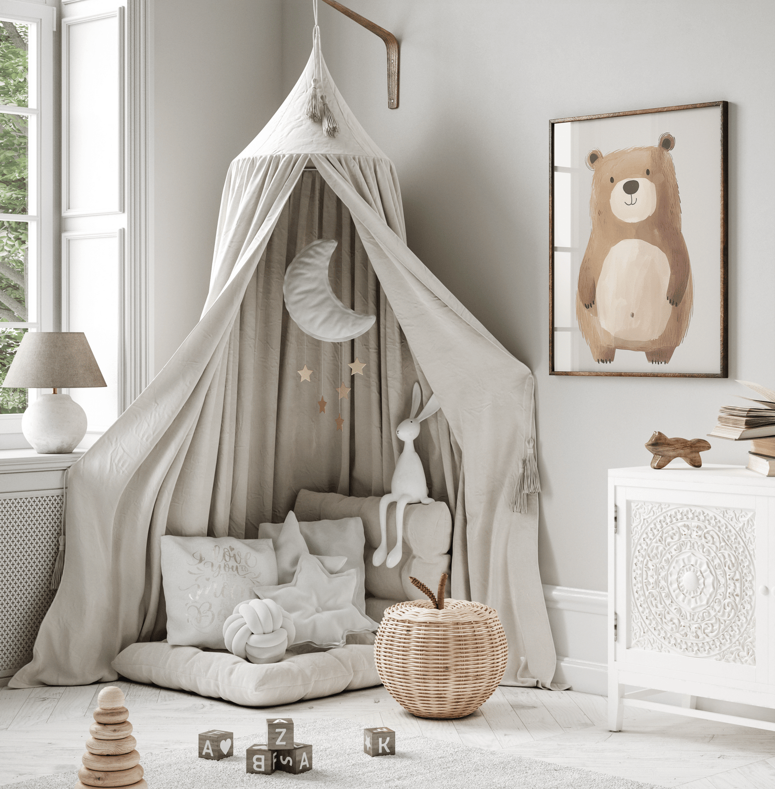 Neutral bear nursery wall art in gender neutral kids room with canopy and soft neutral decor