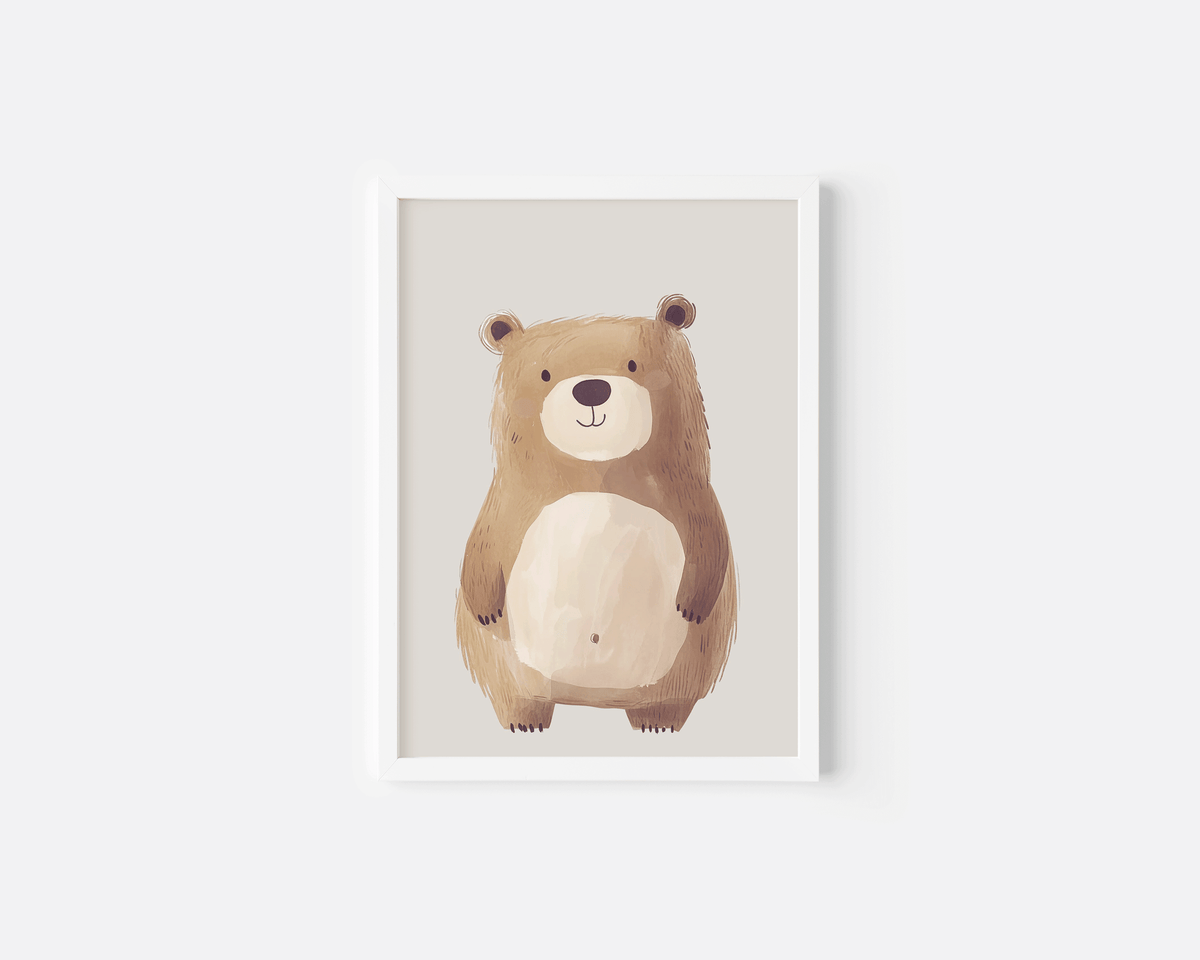 Neutral bear nursery wall art print in white frame with vintage teddy bear illustration