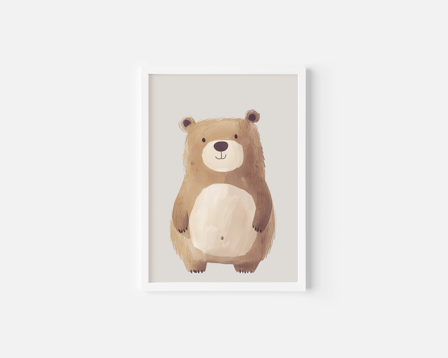 Neutral bear nursery wall art print in white frame with vintage teddy bear illustration