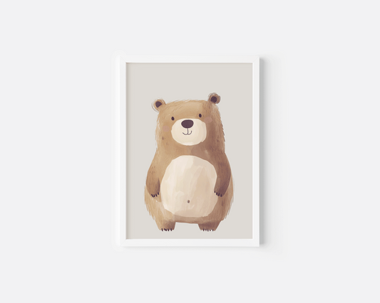 Neutral bear nursery wall art print in white frame with vintage teddy bear illustration