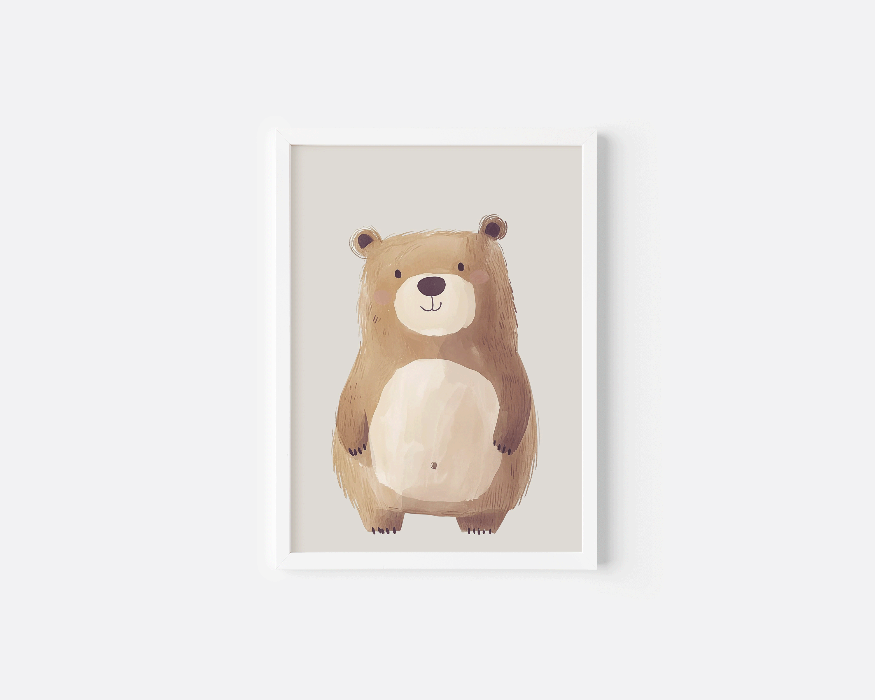 Neutral bear nursery wall art print in white frame with vintage teddy bear illustration