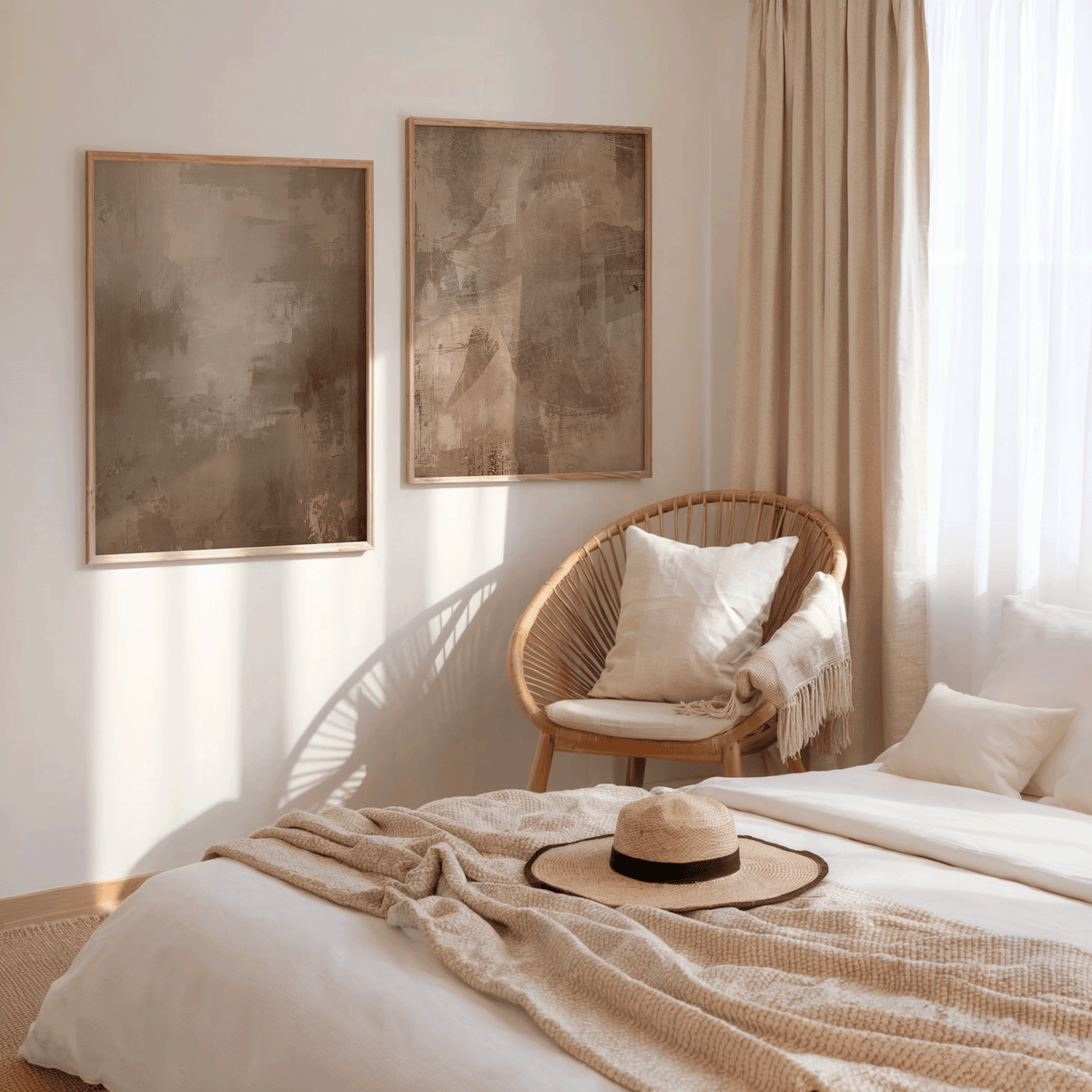 pair of earthy beige and moody brown abstract prints framed above a neutral bedroom bed with linen bedding, rattan chair, natural textures, and soft sunlight