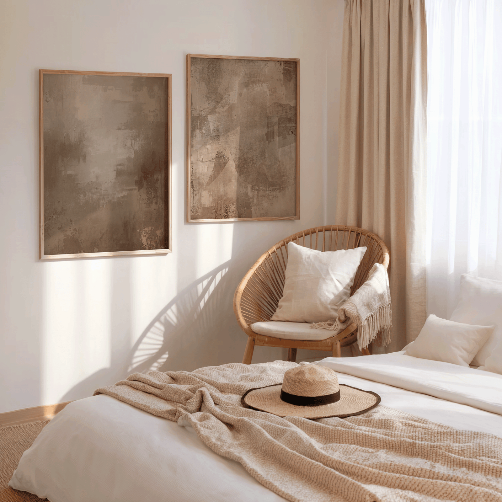 pair of earthy beige and moody brown abstract prints framed above a neutral bedroom bed with linen bedding, rattan chair, natural textures, and soft sunlight
