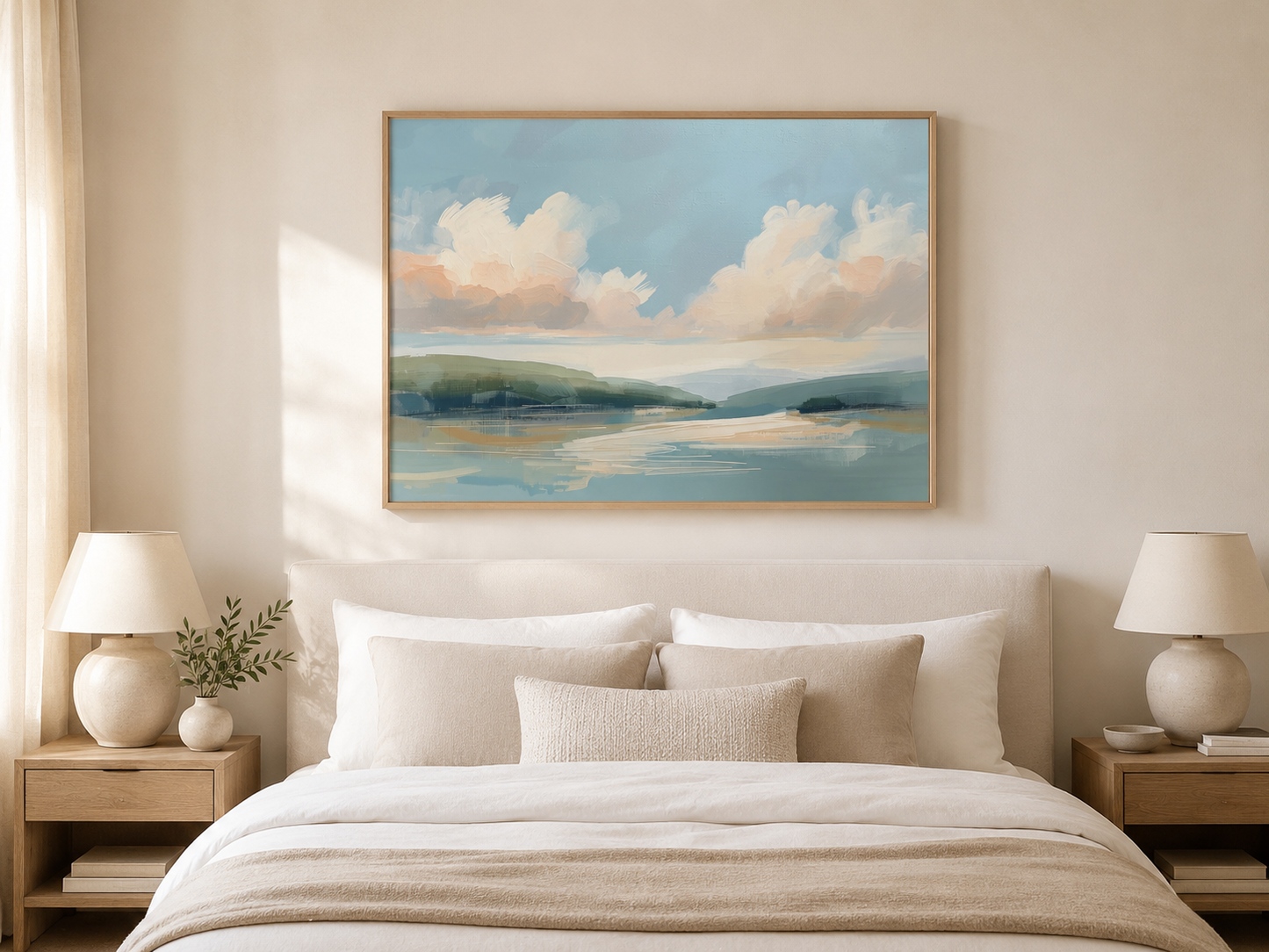 Framed pastel landscape wall art above a queen bed in a soft neutral bedroom with cream bedding, light oak nightstands and warm natural light.