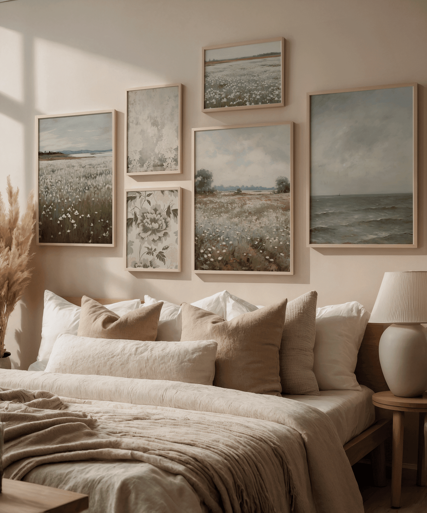 Cozy bedroom with a bed, pillows, and framed vintage nature landscape wall art prints creating a gallery wall above the bed.
