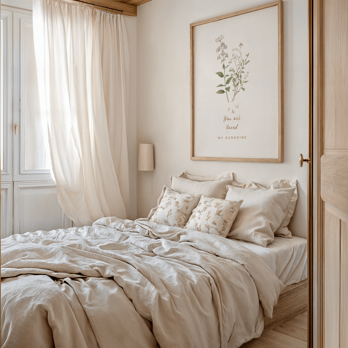 Floral nursery wall art hanging above a bed in a calm neutral bedroom, styled with linen bedding, soft light, and warm natural tones.
