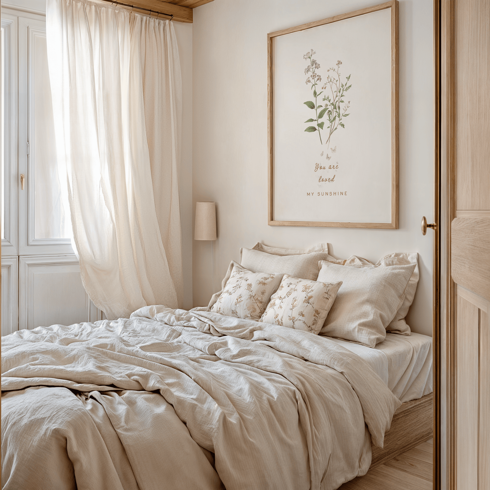 Floral nursery wall art hanging above a bed in a calm neutral bedroom, styled with linen bedding, soft light, and warm natural tones.