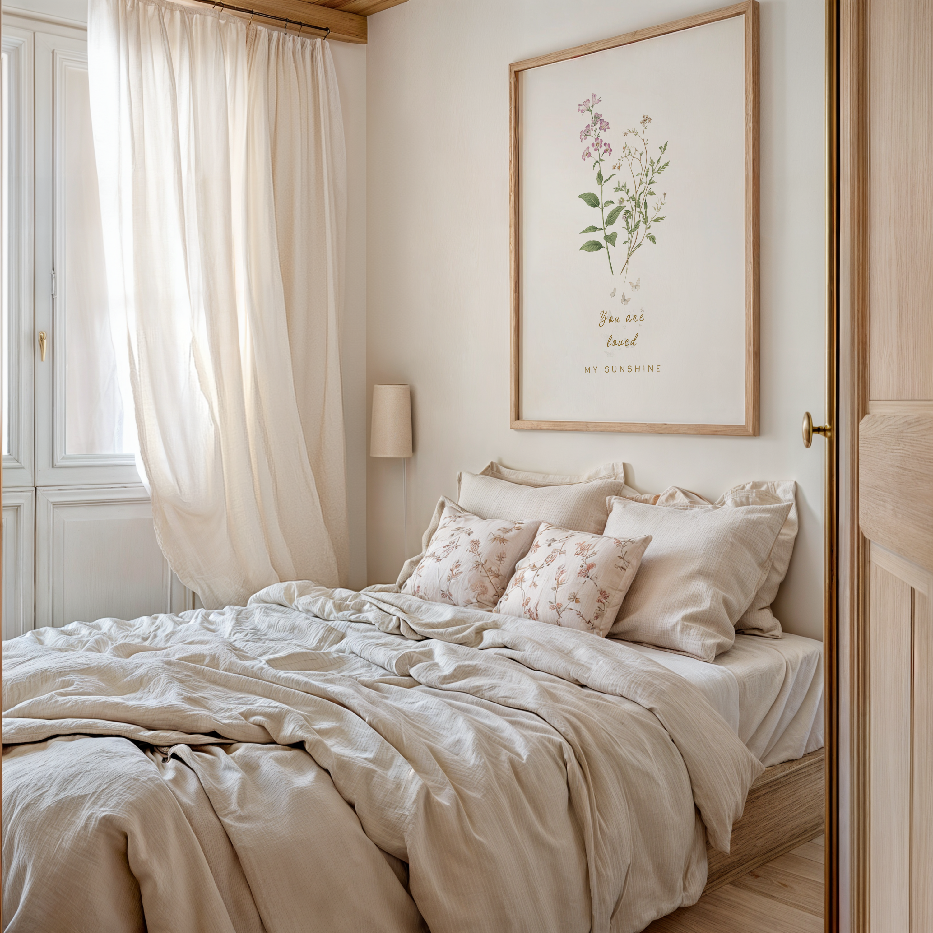 Floral nursery wall art hanging above a bed in a calm neutral bedroom, styled with linen bedding, soft light, and warm natural tones.