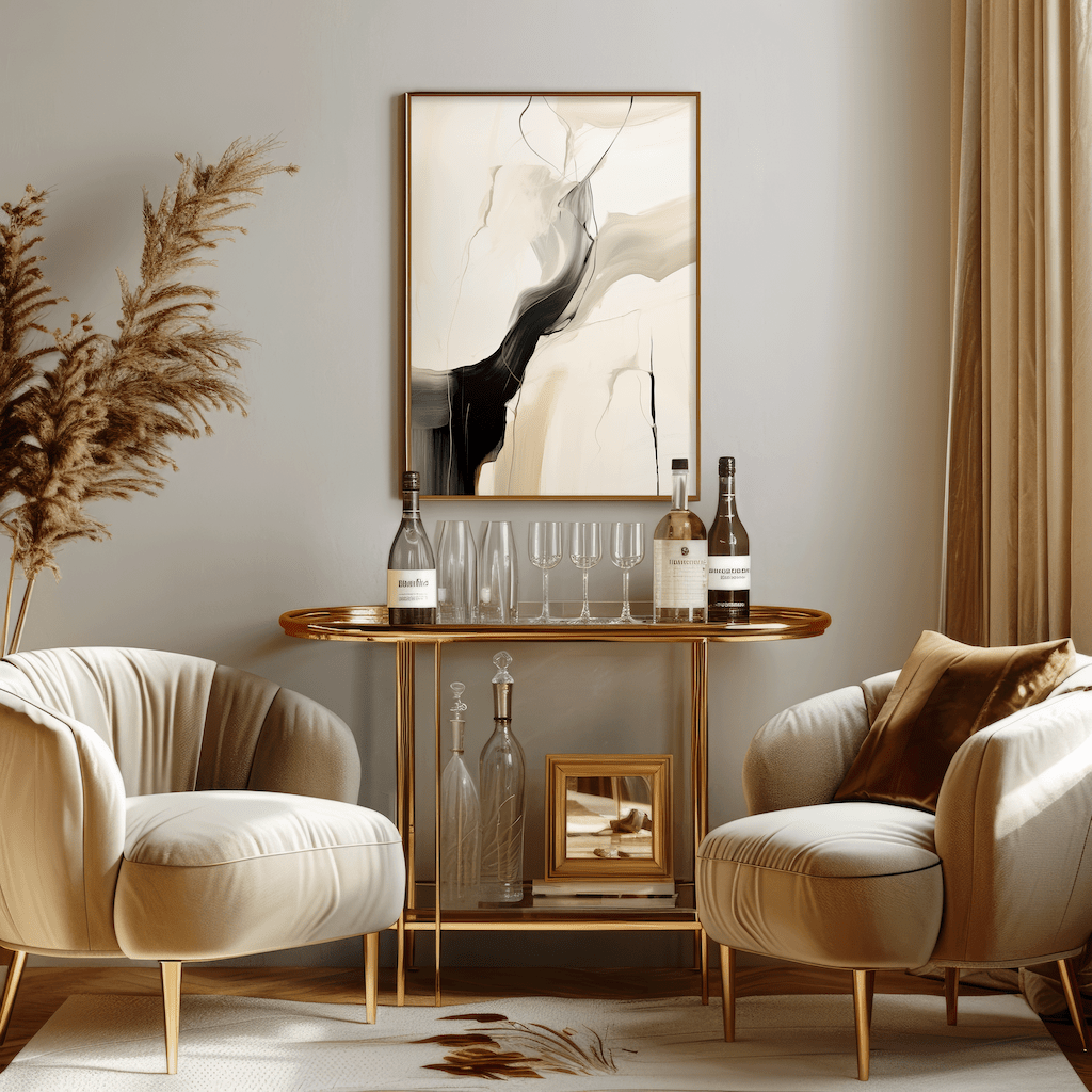Modern living room with beige armchairs, a small table with wine bottles and glasses, and a large abstract canvas wall art on the wall.