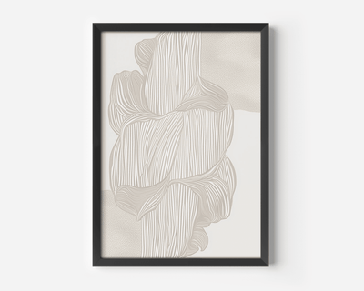 Neutral beige abstract line art print with a black frame featuring flowing organic linear forms in beige, cream and white colors on a white wall.  Modern minimalist wall art print ready to hang in living room,  bedroom, hallway or entryway.