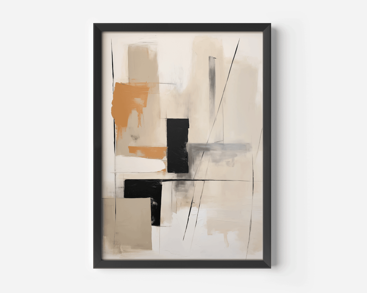 Close-up of a beige, grey, tan and black geometric abstract artwork in a black gallery frame on a white background.