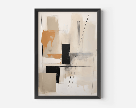 Close-up of a beige, grey, tan and black geometric abstract artwork in a black gallery frame on a white background.