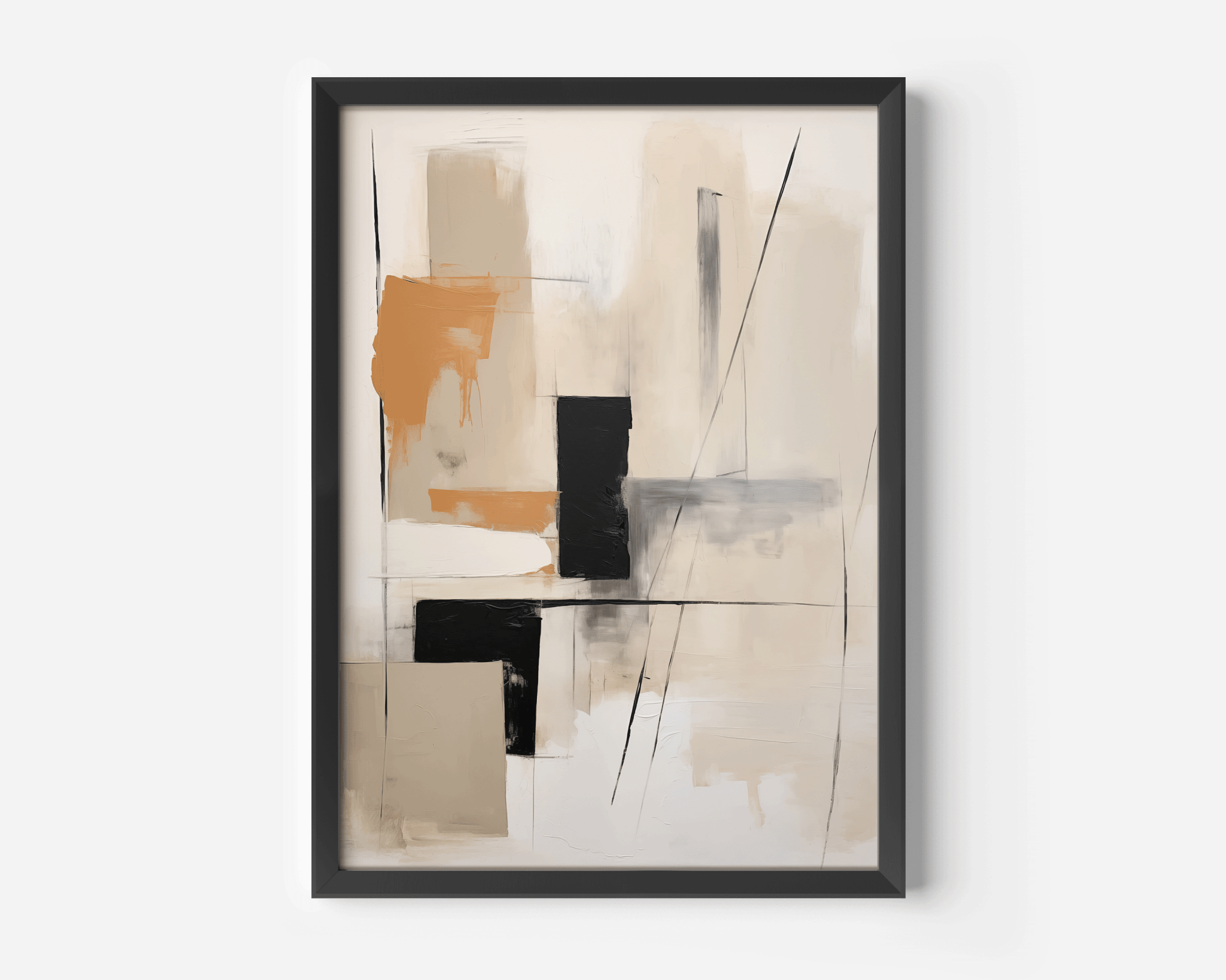 Close-up of a beige, grey, tan and black geometric abstract artwork in a black gallery frame on a white background.