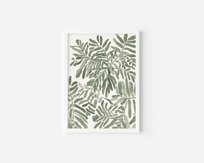Single neutral botanical leaf wall art print featuring soft green foliage illustrated on a light background, shown as a white framed canvas print with a clean minimalist presentation