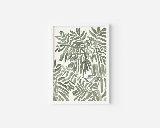 Single neutral botanical leaf wall art print featuring soft green foliage illustrated on a light background, shown as a white framed canvas print with a clean minimalist presentation